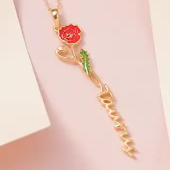Jewelry - Taurus Zodiac Red-Green Enameled Poppy Birth Flower Pendant Necklace